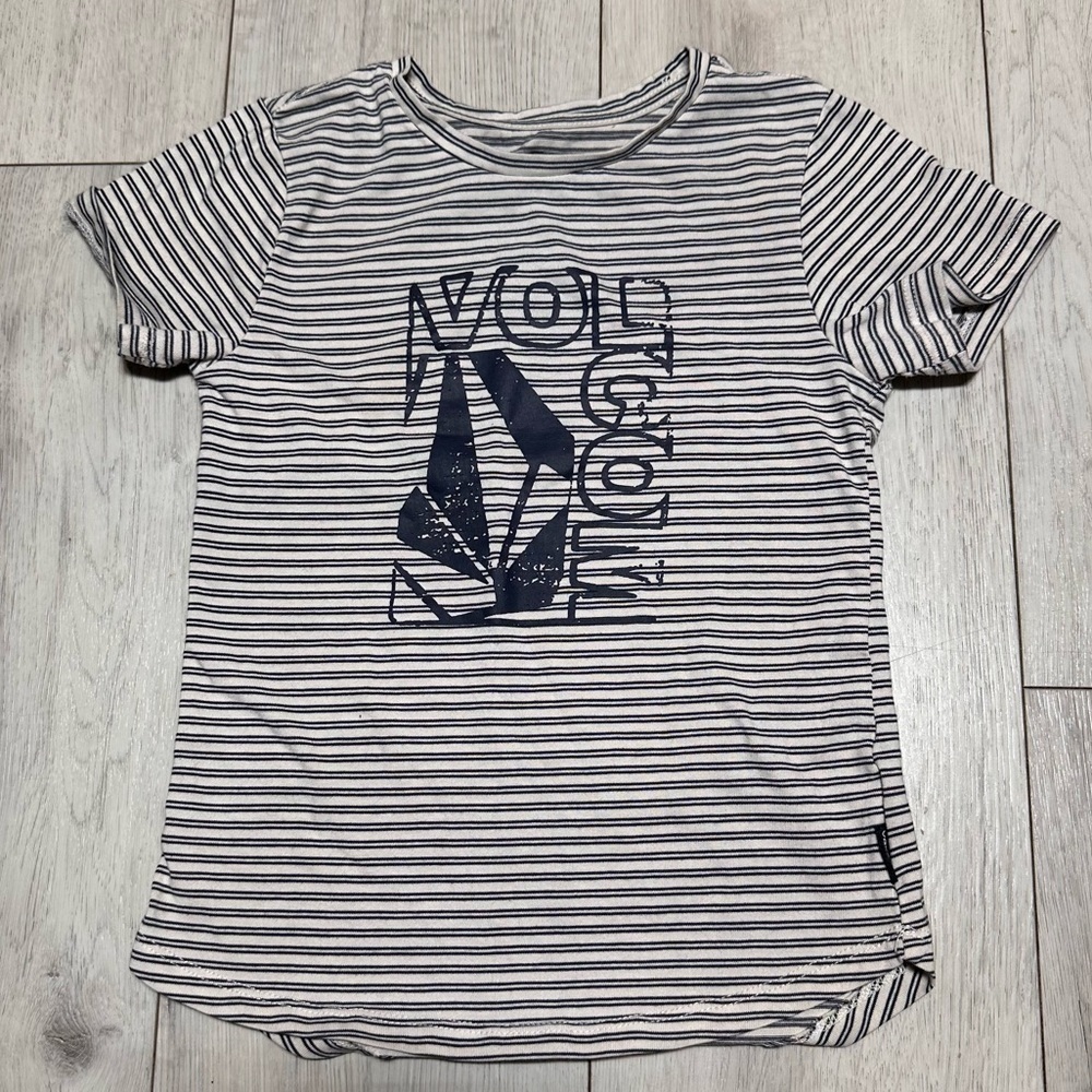 Volcom Navy and White Striped Logo Kids Tee
